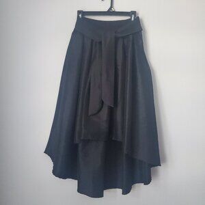 HAUTE MONDE Black Satiny Hi-Lo Flared Skirt Pleated Tie Belt Witchy Fairy LARGE